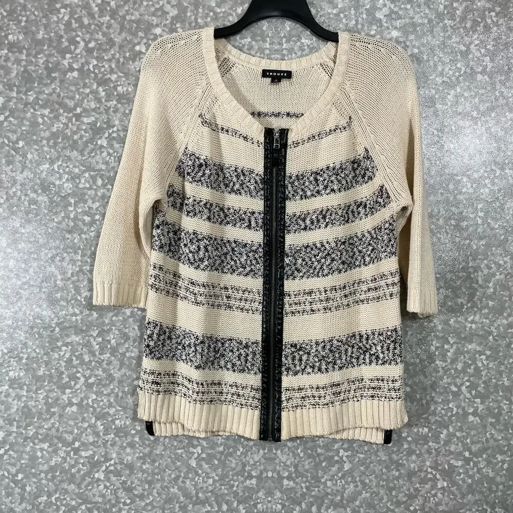 Trouve Ivory Striped Faux Leather Trim Zip Up Cardigan - Size Small - Sweater
